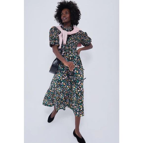 TUCKERNUCK Hyacinth House Black Multi Floral Smocked Samantha Midi Dress NWT XS - Picture 2 of 12